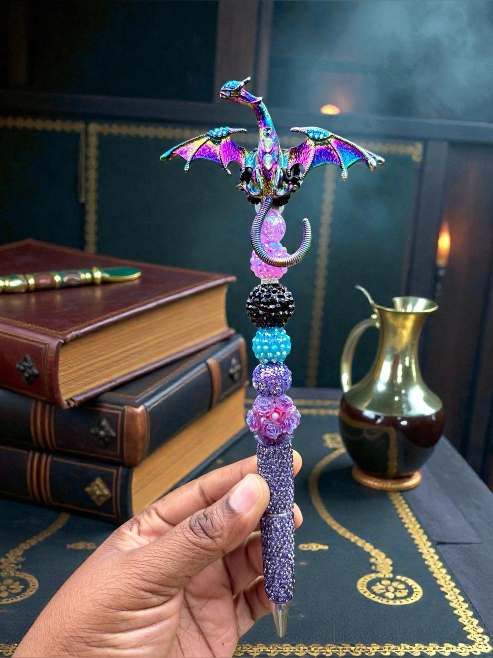 Handcrafted Iridescent Dragon Beaded Rhinestone Pen - Purple Multicolor